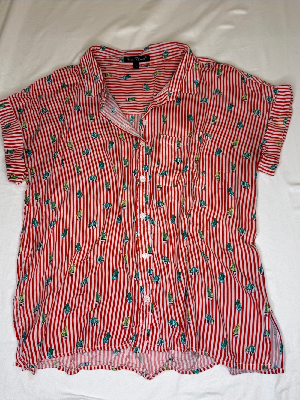 Velvet Heart Red & White Striped Shirt with Green Cactus Print